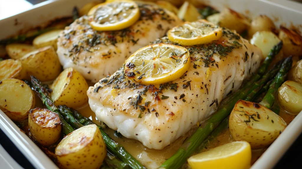 Baked Lemon Herb Cod with Asparagus and Potatoes so delicious