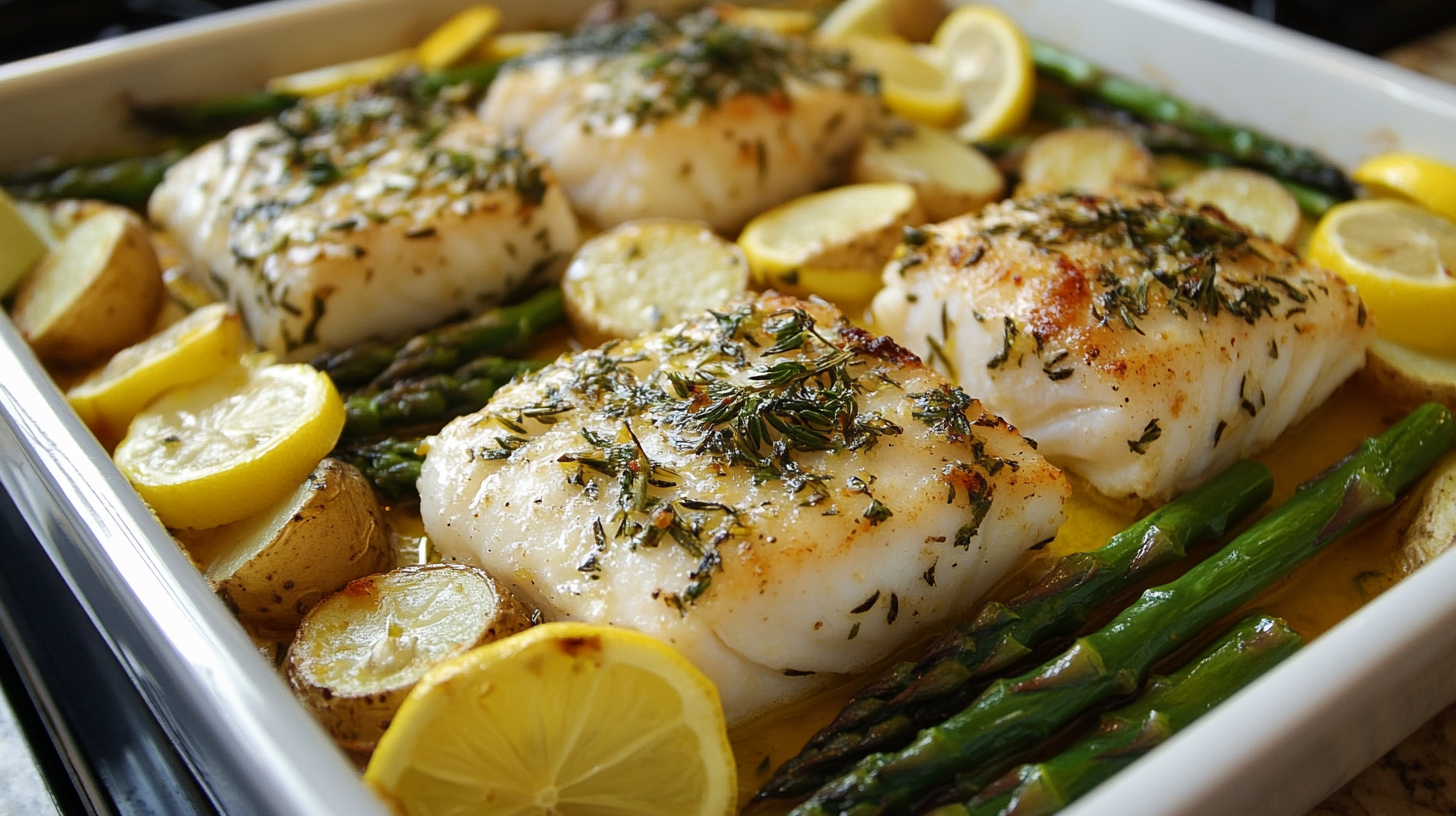 Baked Lemon Herb Cod with Asparagus and Potatoes great for dinner