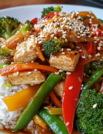 Ginger Garlic Tofu with Stir-Fried Vegetables and Rice