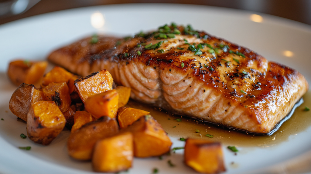 Maple Glazed Salmon with Roasted Sweet Potatoes