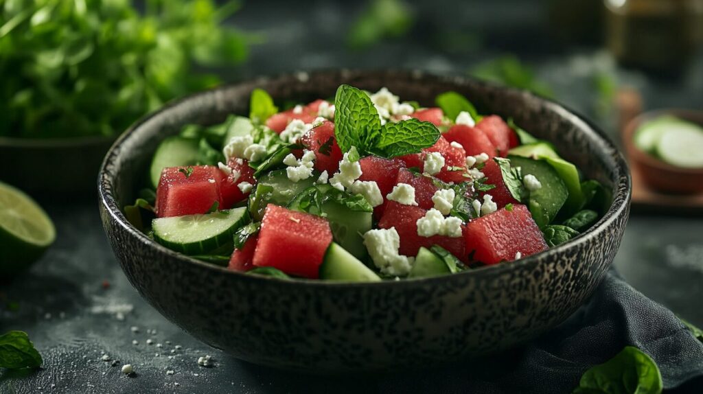 Summer Watermelon and Cucumber Salad with Lime Mint Dressing